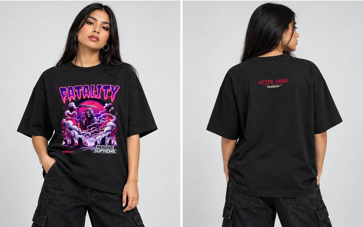 PAXBURY FATALITY oversized graphic T-shirt on female model, front and back views