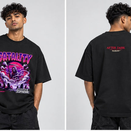 PAXBURY FATALITY oversized graphic T-shirt on male model, front and back views