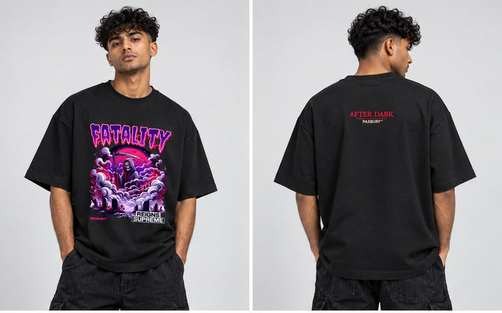 PAXBURY FATALITY oversized graphic T-shirt on male model, front and back views