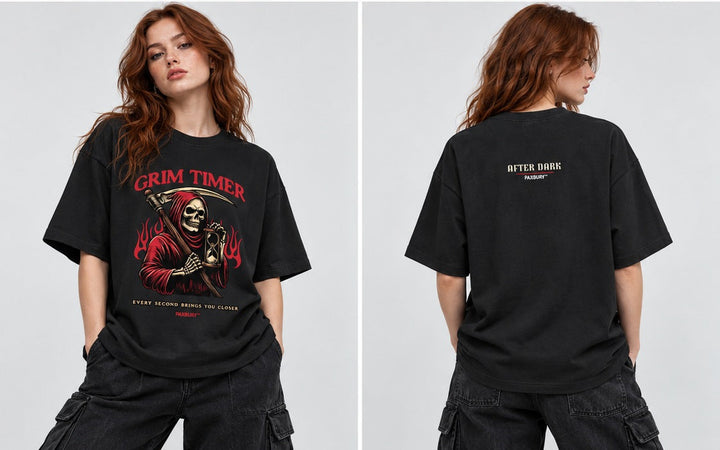 PAXBURY GRIM TIMER oversized graphic T-shirt on female model, front and back views