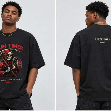 PAXBURY GRIM TIMER oversized graphic T-shirt on male model, front and back views