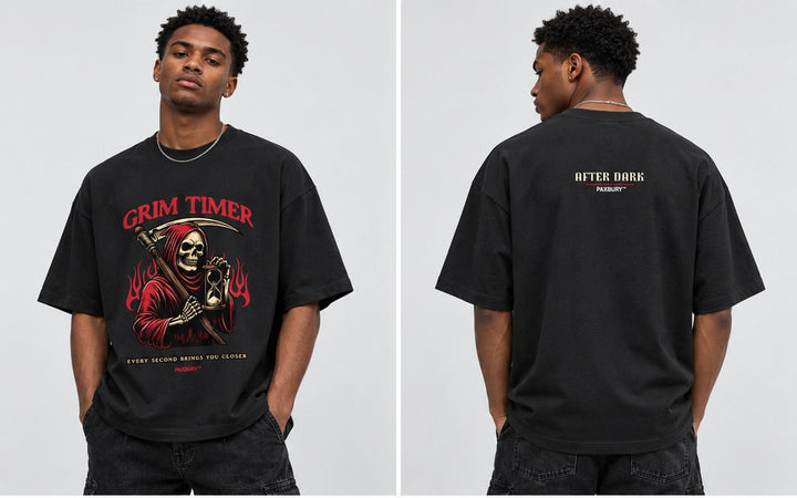 PAXBURY GRIM TIMER oversized graphic T-shirt on male model, front and back views