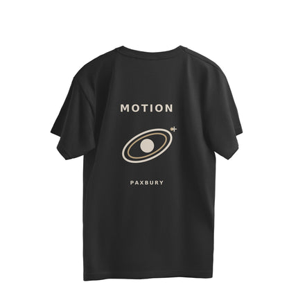 Back of PAXBURY MOTION black oversized T-shirt with original orbital graphic