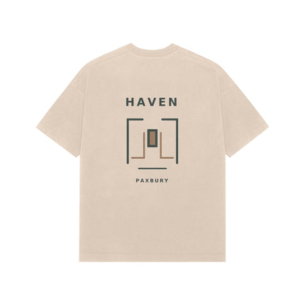 Back of PAXBURY HAVEN beige premium oversized T-shirt with original STUDIO 001 graphic