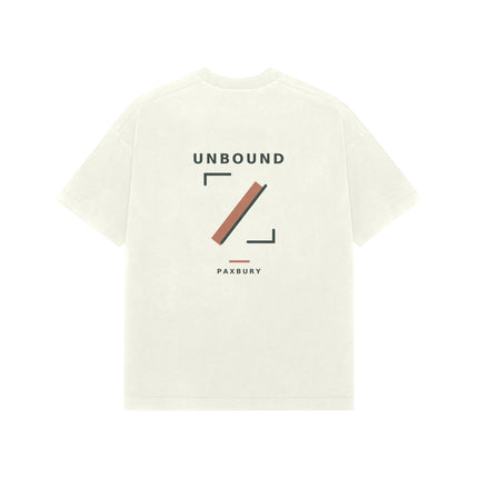 Back of PAXBURY UNBOUND ivory premium oversized T-shirt with original STUDIO 001 graphic