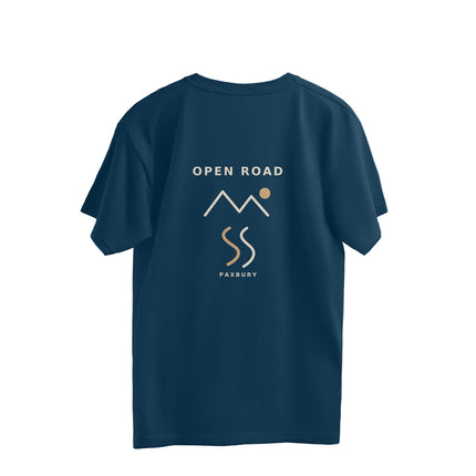 Back of PAXBURY OPEN ROAD navy blue oversized graphic T-shirt with original STUDIO 001 graphic
