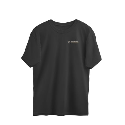 Front of PAXBURY MOTION black oversized T-shirt with small chest emblem