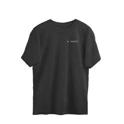 Front of PAXBURY STILLPOINT black oversized graphic T-shirt with original chest artwork