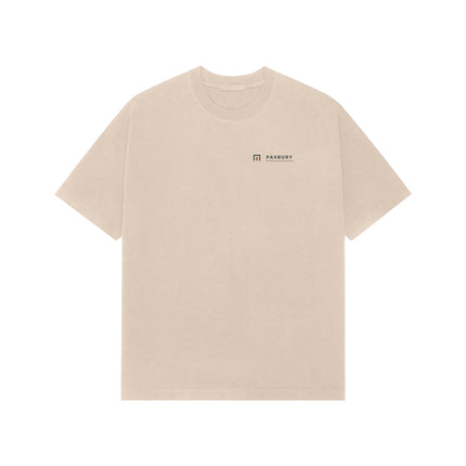 Front of PAXBURY HAVEN beige premium oversized T-shirt with original chest artwork