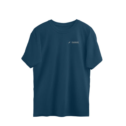 Front of PAXBURY OPEN ROAD navy blue oversized graphic T-shirt with original chest artwork