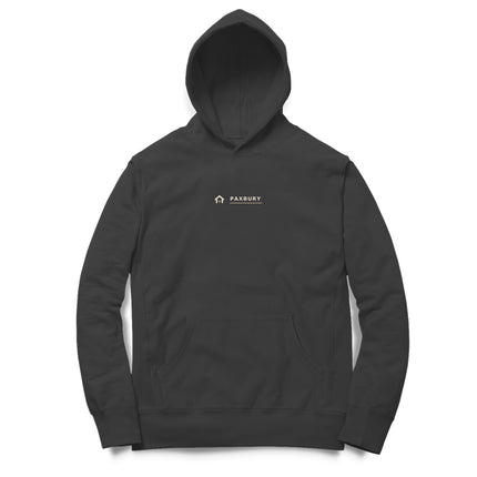 Front of PAXBURY SHELTER black oversized graphic hoodie with original chest artwork