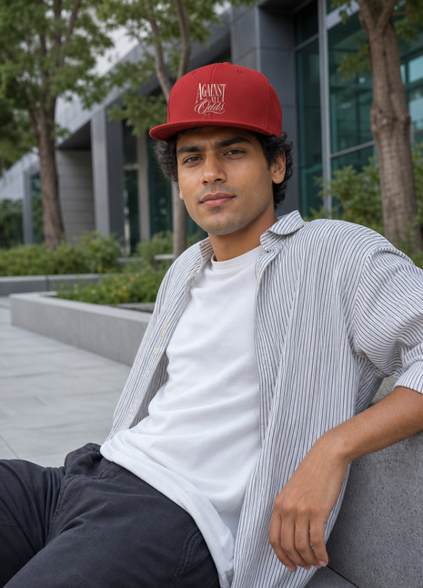 Indian male model seated in office courtyard wearing PAXBURY Against All Odds red snapback cap