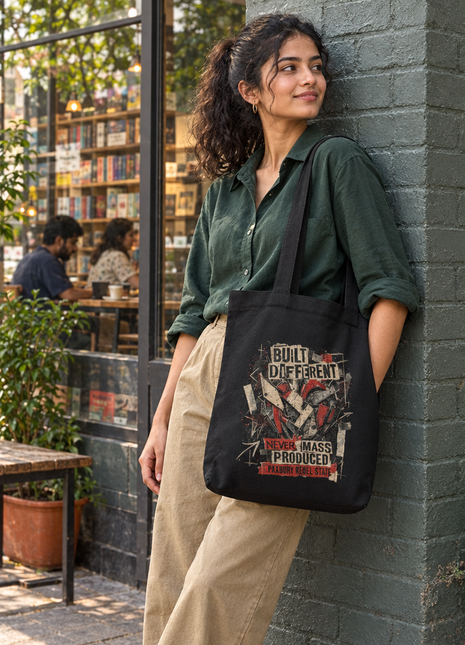 Built Different black tote, illustrated reverse side, young Indian woman standing beside bookstore café