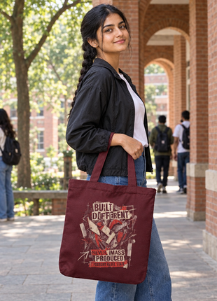 Built Different maroon tote, illustrated reverse artwork, Indian college student standing in outdoor campus corridor