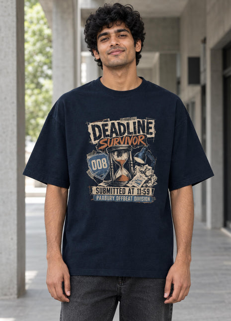 Indian male wearing Deadline Survivors navy oversized T-shirt with original-inspired hourglass illustration and distressed cream and orange front lettering