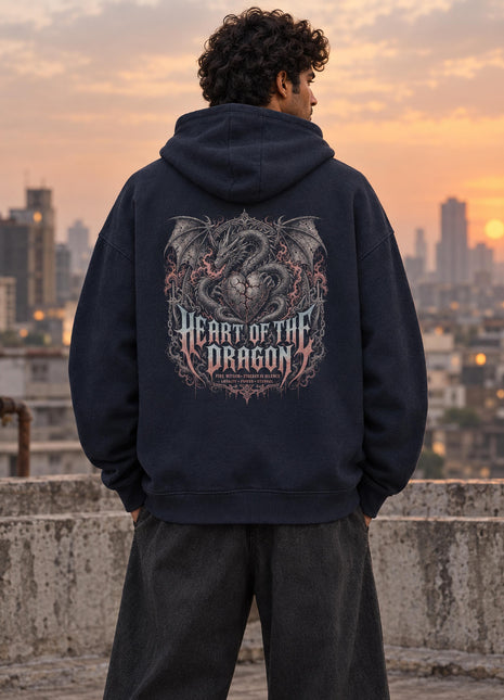 Indian male model, navy Heart of the Dragon oversized hoodie, large detailed illustrated dragon graphic on back
