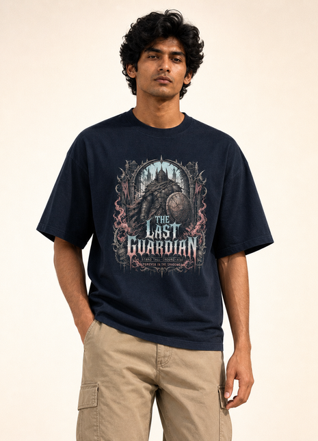 The Last Guardian PAXBURY navy tee male front hero on Indian male model; front-only guardian knight artwork