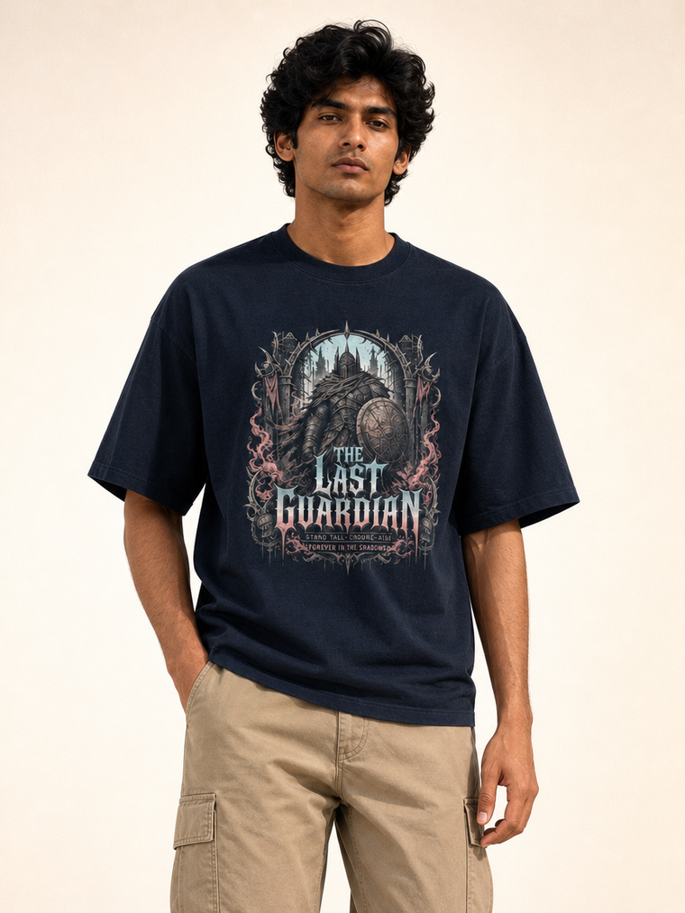 The Last Guardian PAXBURY navy tee male front hero on Indian male model; front-only guardian knight artwork
