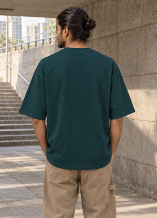 Kittl Indian male editorial view of plain unprinted back on PAXBURY After Hours petrol blue UC22 oversized T-shirt