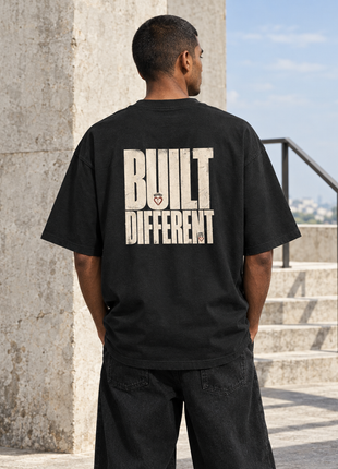 Kittl-created Indian male rear-view editorial mockup of PAXBURY Built Different oversized tee displaying original large BUILT DIFFERENT back print