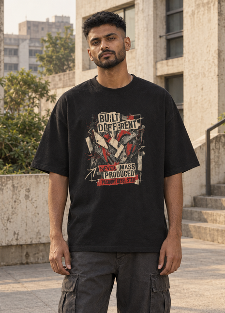 Kittl-created Indian male editorial mockup of PAXBURY Built Different black oversized tee showing the original distressed cream-red front print