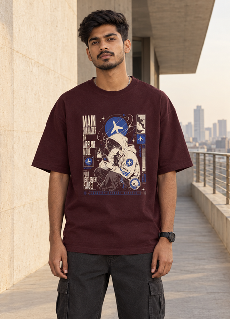 Kittl-created Indian male front view wearing PAXBURY Airplane Mode maroon UC22 oversized tee with compact aviation print