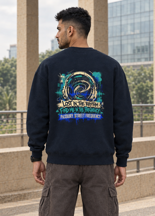 Matching male-back editorial: PAXBURY Lost In the Rhythm navy UH35 sweatshirt with large circular gold and teal back music graphic