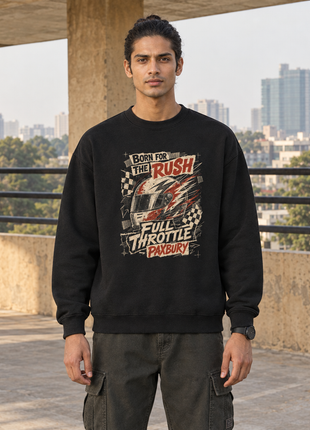 Kittl Indian male front in PAXBURY Full Throttle black oversized UH35 sweatshirt with motorsport racing collage