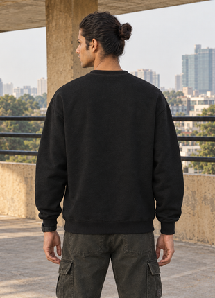 Matching male back in PAXBURY Full Throttle black oversized UH35 sweatshirt with plain unprinted back
