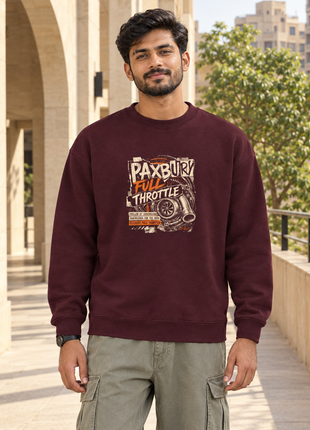Kittl Indian male front in PAXBURY maroon Full Throttle oversized UH35 sweatshirt with compact cream orange motorsport print