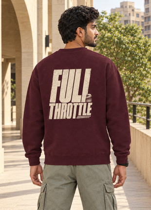 Same Kittl Indian male wearing PAXBURY maroon Full Throttle sweatshirt from behind showing cream FULL THROTTLE lettering