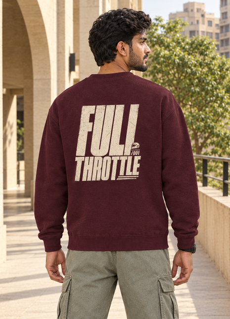 Same Kittl Indian male wearing PAXBURY maroon Full Throttle sweatshirt from behind showing cream FULL THROTTLE lettering