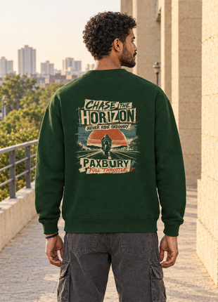 Matching Kittl Indian male back model wearing Chase the Horizon bottle green UH35 with sunset and explorer PAXBURY back print