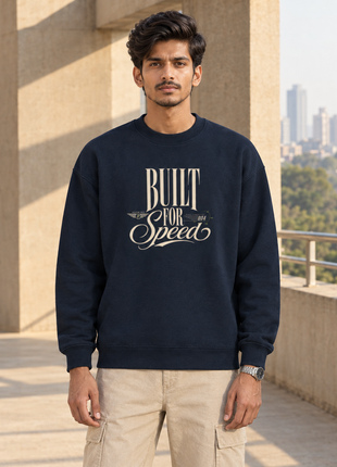 Kittl Indian male front wearing PAXBURY Built for Speed navy blue UH35 crewneck sweatshirt with original cream BUILT FOR Speed typography