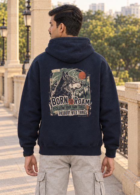 Matching Kittl Indian male back wearing navy Born to Roam UH32 hoodie with original wilderness illustration and BORN TO ROAM lettering