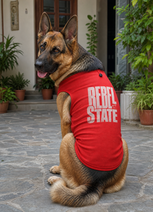 German Shepherd seated in courtyard wearing Rebel State red cotton dog T-shirt with back print visible