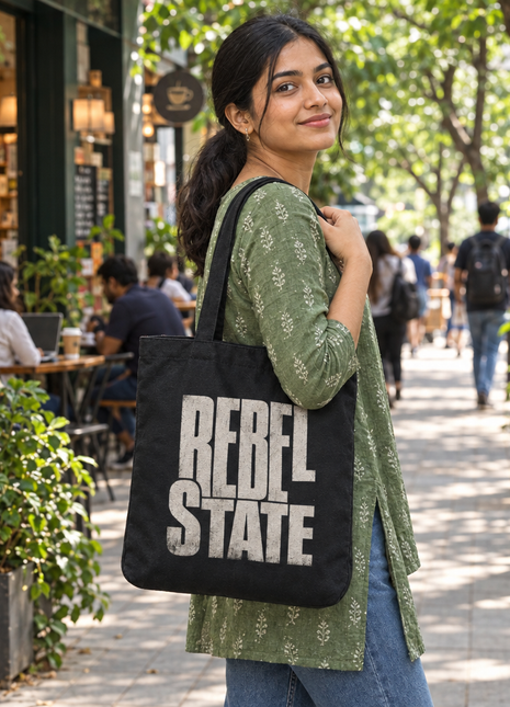 Indian young woman carrying PAXBURY Rebel State black cotton zippered tote, alternate typographic design side, café sidewalk