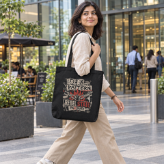 Indian young office-going woman carrying PAXBURY Rebel State black zippered tote outside a glass office building