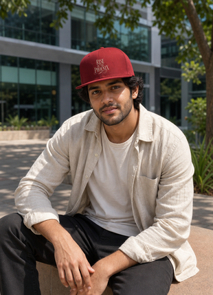 Indian man seated at office courtyard in PAXBURY Rise of the Phoenix red cotton snapback cap