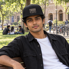 Black PAXBURY Tomorrow Club snapback cap worn by Indian male student seated on university bench