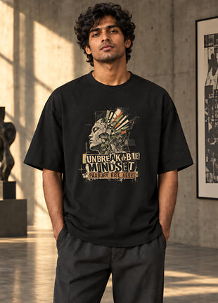 Unbreakable Mindset black UC22 oversized graphic T-shirt on Indian male model, illustrated classical profile and distressed lettering
